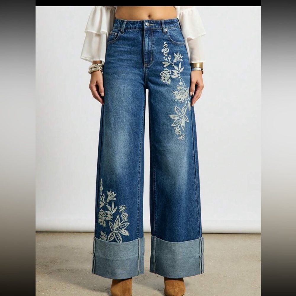 Denim Embroidered Wide Leg Jeans